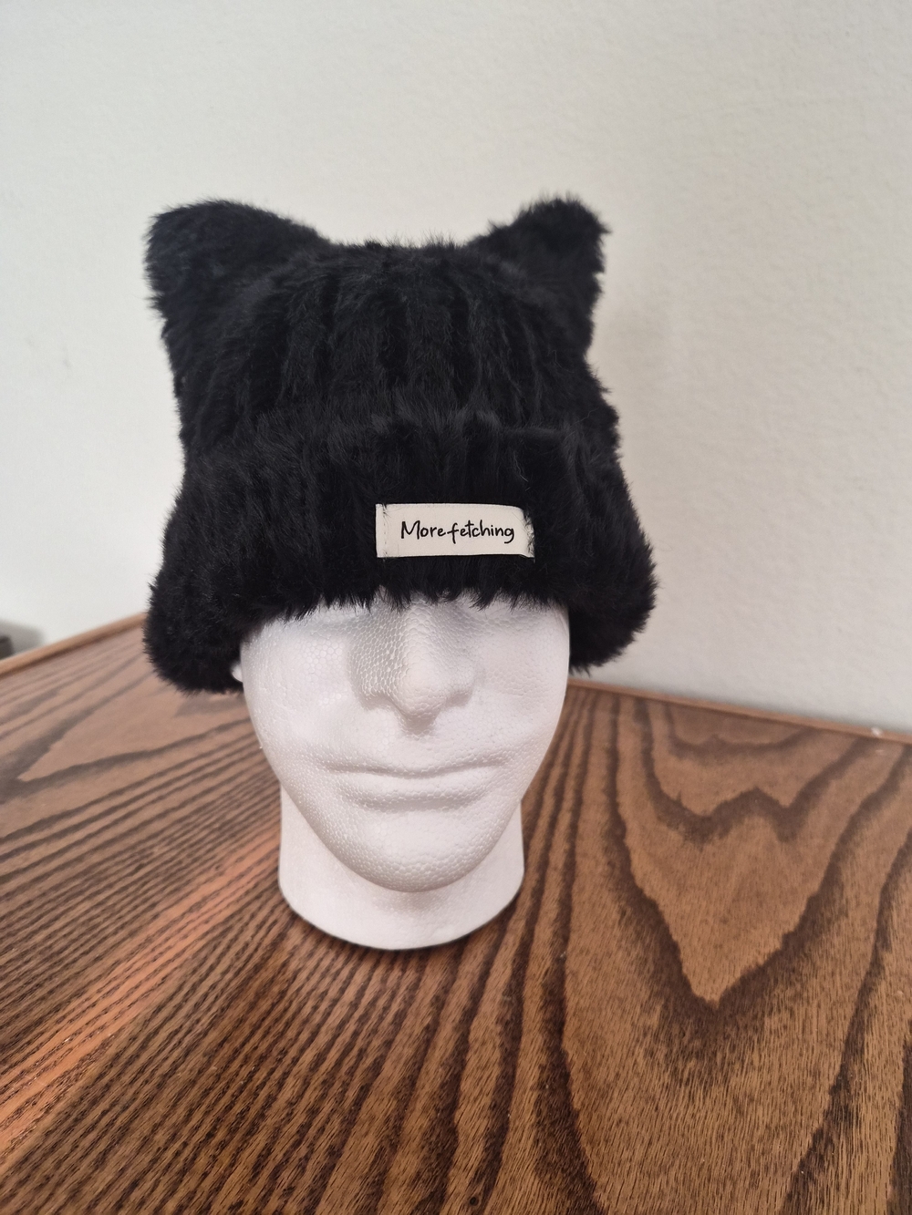 Black Plush Cat Ear Beanie